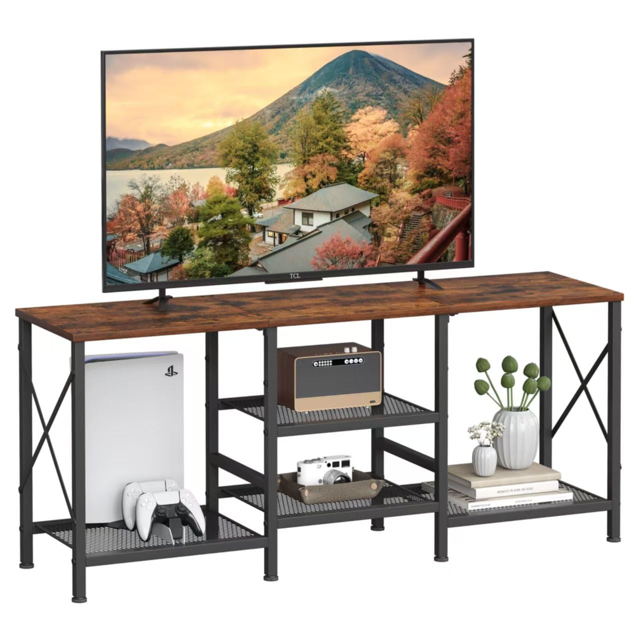 TV Stand for 55 Inch TV, Entertainment Center with 3-Tier Open Shelves, TV Console Table for Living Room, Bedroom, Rustic Brown