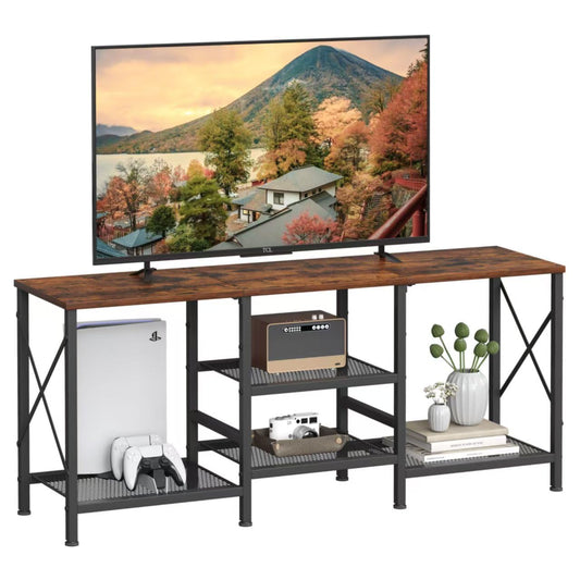 TV Stand for 55 Inch TV, Entertainment Center with 3-Tier Open Shelves, TV Console Table for Living Room, Bedroom, Rustic Brown