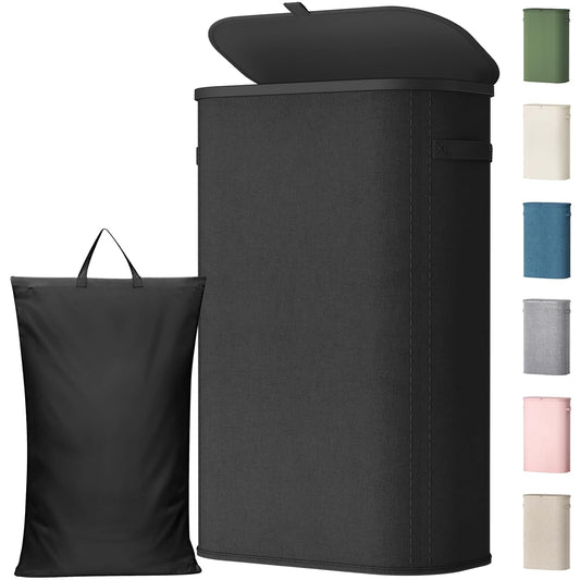 Slim Laundry Basket with Lid, Narrow Large Laundry... (Black | Polyester)