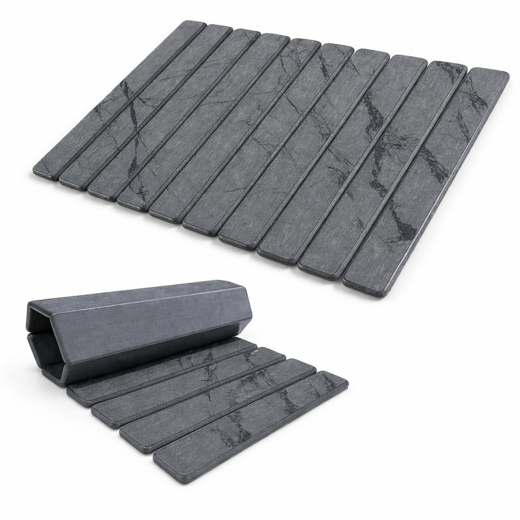 Stone Bath Mat | Foldable Diatomaceous Earth Bath Mat | Marble Print Shower Mat | Super Absorbent Diatomite | Quick Dry | Non-Slip | Bathroom Floor Mat | Easy to Clean | Compact to Store | Mold Free