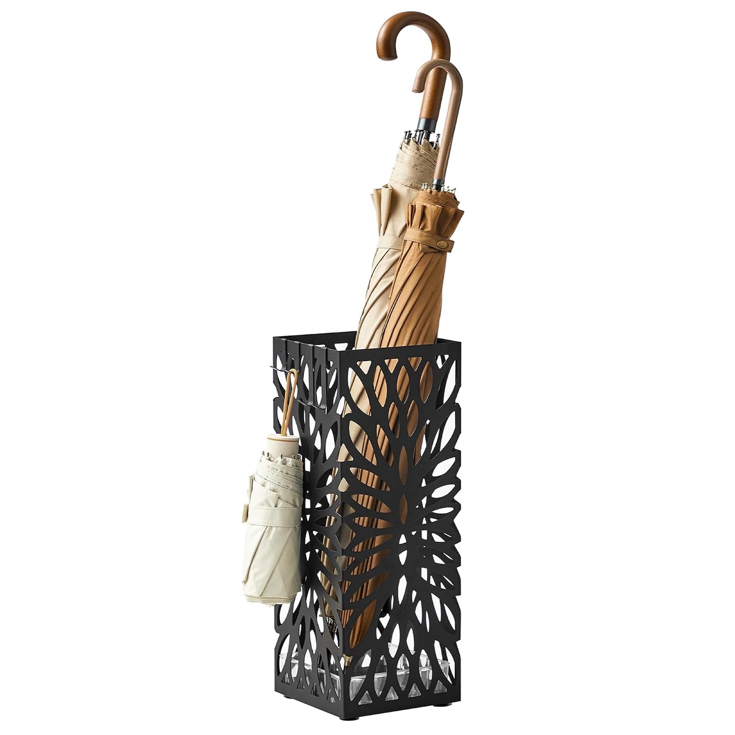 SONGMICS Umbrella Stand, Umbrella Holder for Entryway, Steel Square Umbrella Rack Organizer Freestanding, for Canes Walking Sticks, with a Detachable Drip Tray, 4 Hooks, Black ULUC026B33