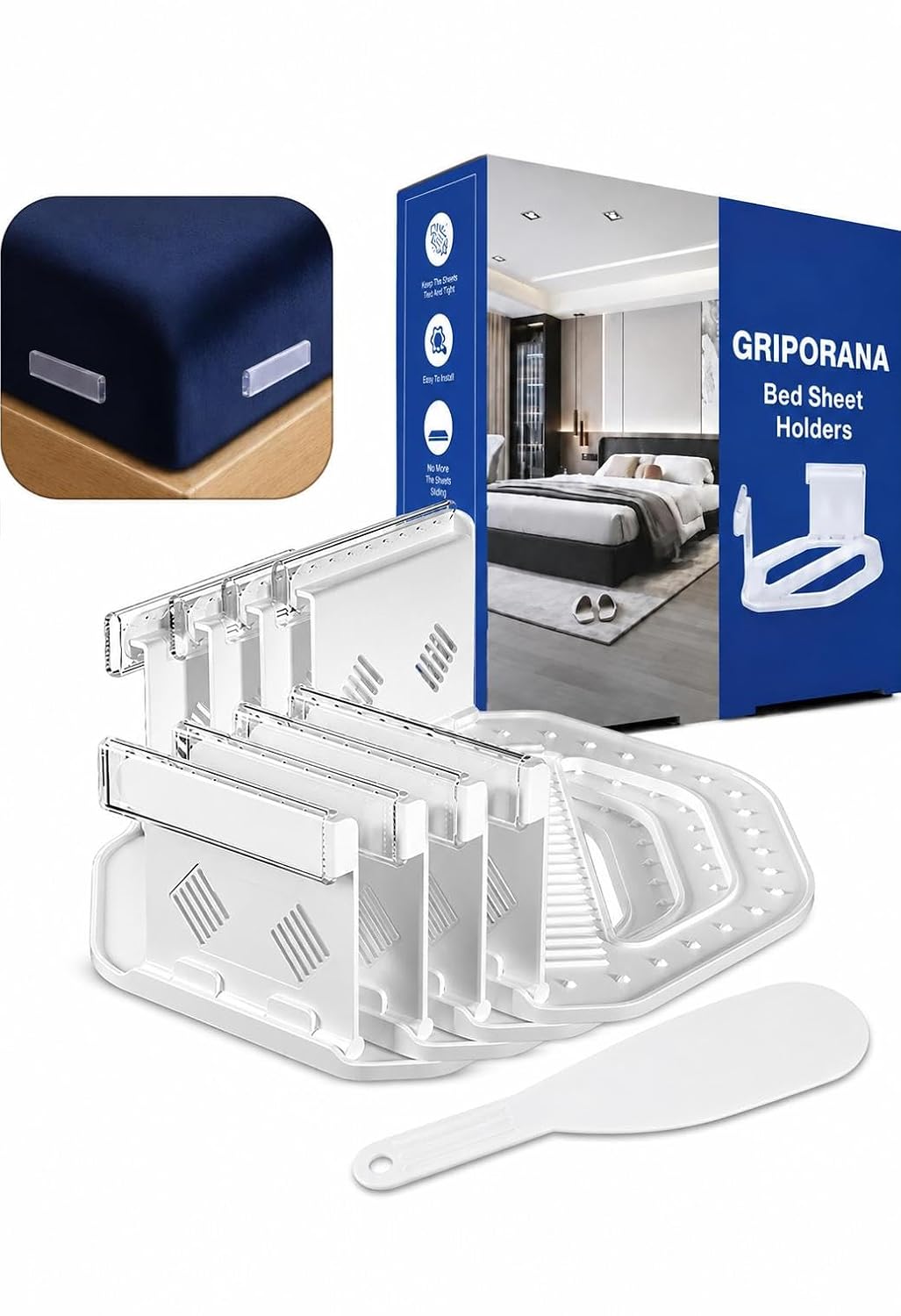 Bed Sheet Holders for Corners - Non Slip Mattress Sheet Gripper - Universal Sheet Holders - No Damage Bedding Holder - Strong 55kg Hold - Easy One-Time Installation - White Sheet Tucker Included