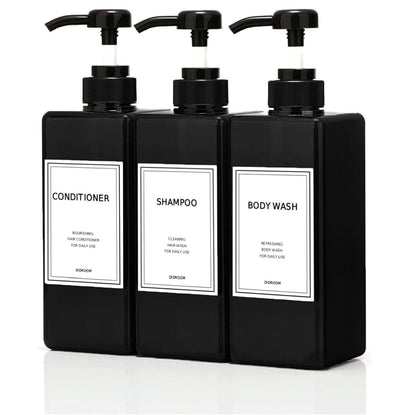 Modern Shampoo and Conditioner Dispenser (21 oz, Pack of 3) Refillable Pump Bottle Set Empty Shower Plastic Bottles with Pump for Bathroom Body Wash Soap and Shower (Black)