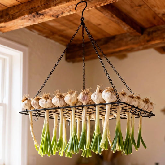 Tnstbiee Black Iron Garlic & Herb Drying Rack–Space-Saving 81-Hole Metal Dryer with 20 S-Hooks for Flower,Onion and Grass, Resistant Hanging Organizer for Indoor & Outdoor Use–Ideal for Home Gardeners