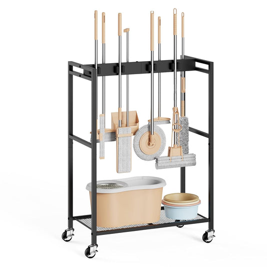 Broom And Mop Holder, Movable Broom Closet Storage... (Black)