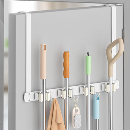 Broom Holder Over The Door with Hooks -304 Stainless Steel (White) | Save Space, Anti-Rust & Sturdy, Mop and Broom Holder Wall Mounted or Hanging Over The Door, for Garage Laundry Kitchen