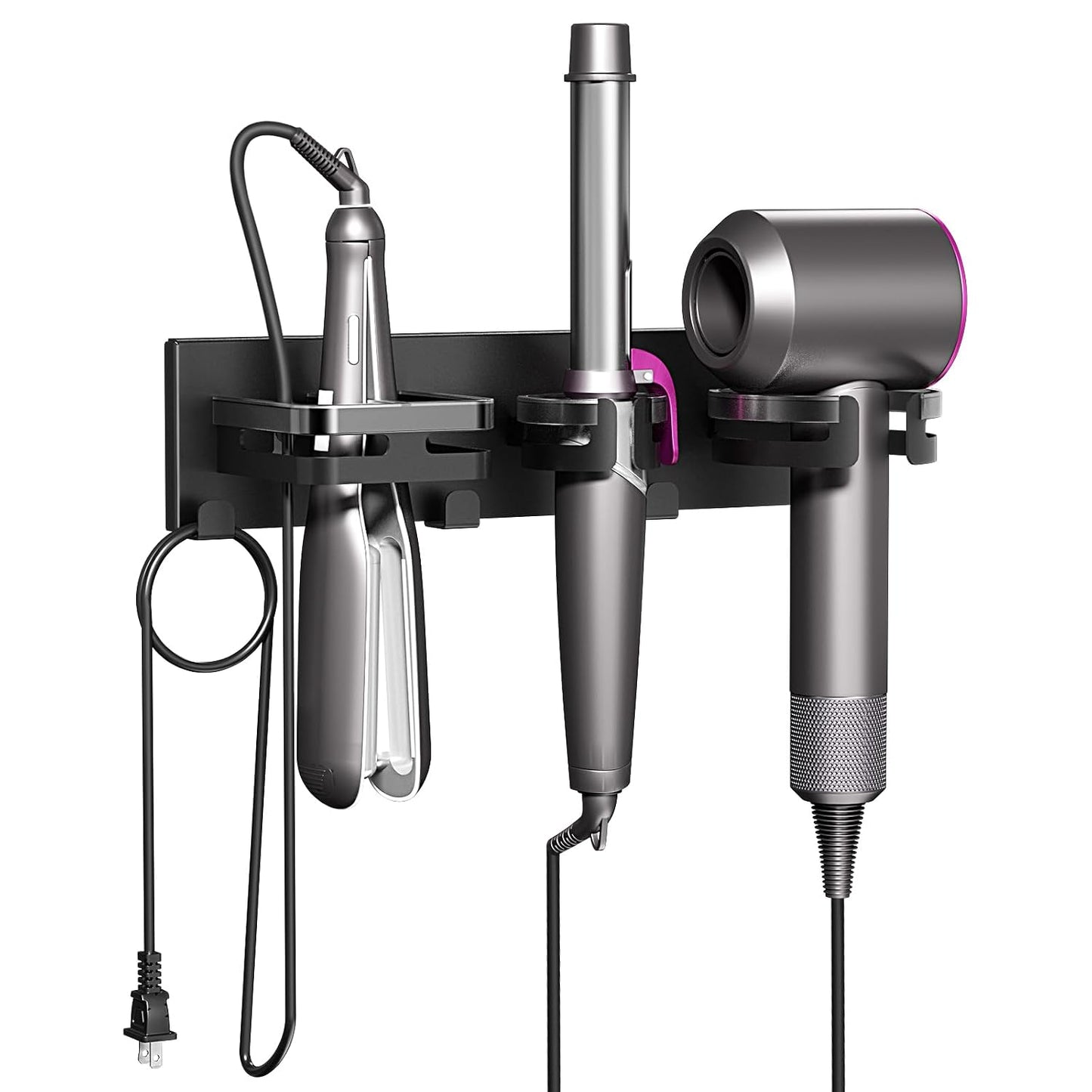 Hair Dryer Holder Wall Mount Metal Hot Tools Organizer Self Adhesive/Screw | 3 in 1 Hair Tool Organizer with Cord Organizer, Blow Dryer Holder with Curling Iron & Flat Iron Holder Matte Black