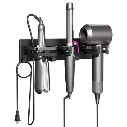 Hair Dryer Holder Wall Mount Metal Hot Tools Organizer Self Adhesive/Screw | 3 in 1 Hair Tool Organizer with Cord Organizer, Blow Dryer Holder with Curling Iron & Flat Iron Holder Matte Black
