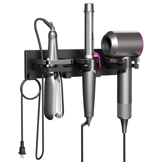 Hair Dryer Holder Wall Mount Metal Hot Tools Organizer Self Adhesive/Screw | 3 in 1 Hair Tool Organizer with Cord Organizer, Blow Dryer Holder with Curling Iron & Flat Iron Holder Matte Black