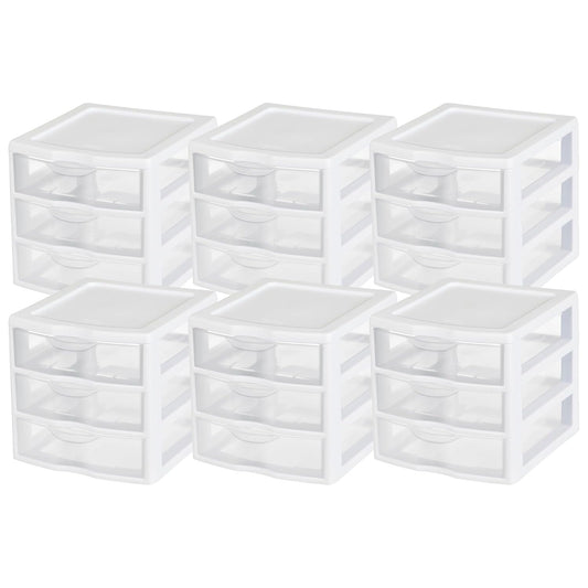 Sterilite Clearview Plastic Multipurpose Small 3 Drawer Desktop Storage Organization Unit for Home, Classrooms, or Office Spaces, White, 6 Pack | White - Organizing Drawers, Containers for Bathroom, Closet, Kitchen, and Bedroom