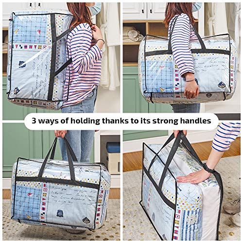 Clear Clothes Storage Bag Organizer with Reinforced Handle, Vinyl Storage Bags for Comforter, Blanket, Bedding, Toys, Transparent Moving Totes with Sturdy Dual Zippers, 3 Pack, 55 L, Black