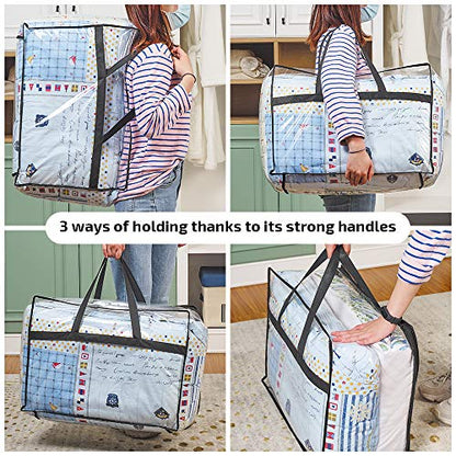Clear Clothes Storage Bag Organizer with Reinforced Handle, Vinyl Storage Bags for Comforter, Blanket, Bedding, Toys, Transparent Moving Totes with Sturdy Dual Zippers, 3 Pack, 55 L, Black