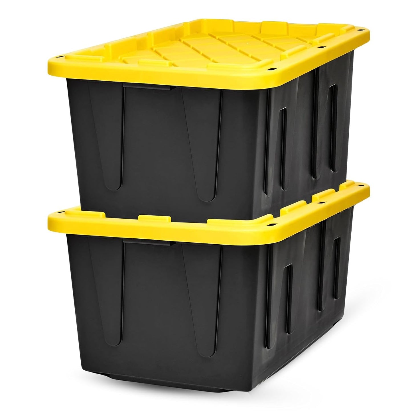HOMZ Durabilt Plastic Storage Bins with Lids, 27 Gal, Black/Yellow, 2 Pack | Heavy-Duty Large Stackable Container Boxes for Home, Attic, and Garage Organization