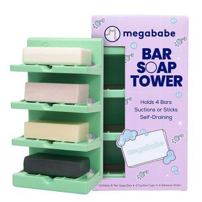 Megababe 4-Tier Bar Soap Tower | Holds 4 Bars | Suctions or Sticks | Self-Draining
