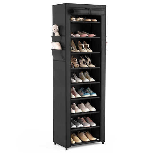 VILICK Shoe Rack with Cover Narrow Shoe Organizer with 4 Side Pockets 10 Tier Tall Shoe Storage Holds 18-22 Pairs Shoes and Boots Shoe Rack for Closet Entryway Garage