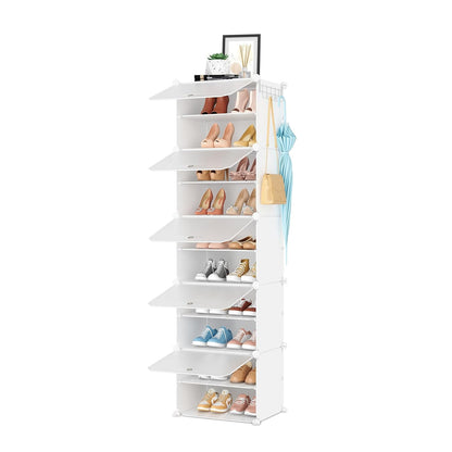 Shoe Rack 10 Tier Shoe Storage Cabinet with Door 20 Pair Tall Shoes Rack Organizer Free Standing Expandable Stable Plastic Easy Assembly Shoes Shelf for Closet Hallway Entryway Bedroom White