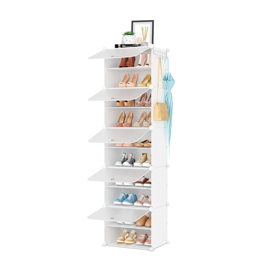 Shoe Rack 10 Tier Shoe Storage Cabinet with Door 20 Pair Tall Shoes Rack Organizer Free Standing Expandable Stable Plastic Easy Assembly Shoes Shelf for Closet Hallway Entryway Bedroom White