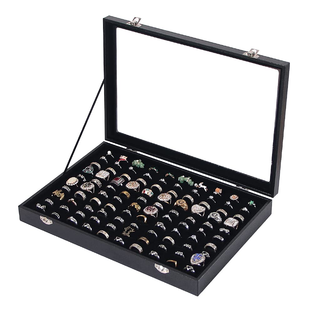 Ring Holder Organizer Box, Jewelry Display Case, Earring Necklace Storage Tray With Top Glass Lid (Black, 100 Slots)