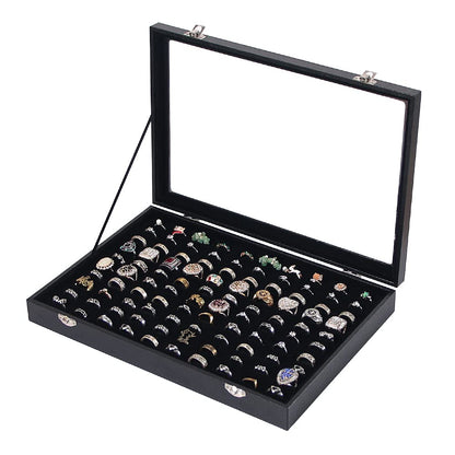 Ring Holder Organizer Box, Jewelry Display Case, Earring Necklace Storage Tray With Top Glass Lid (Black, 100 Slots)