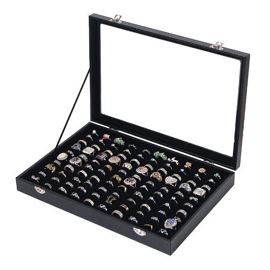Ring Holder Organizer Box, Jewelry Display Case, Earring Necklace Storage Tray With Top Glass Lid (Black, 100 Slots)