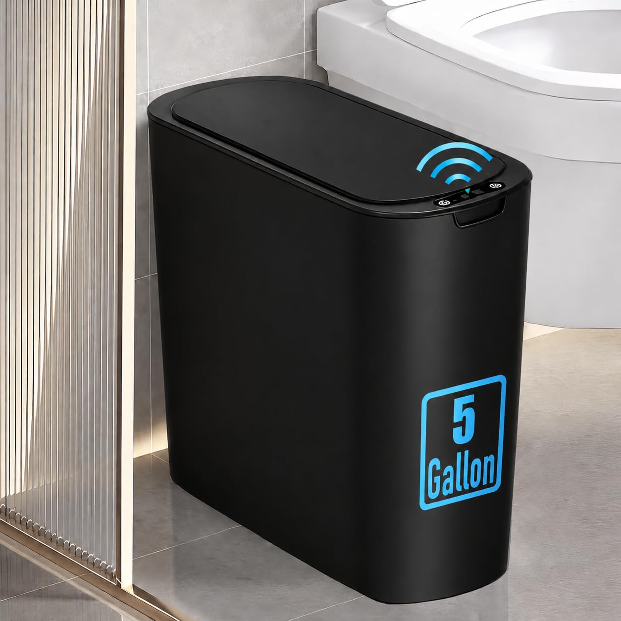 TIPGO 5 Gallon Motion Sensor Bathroom Trash Can with Lid, Automatic Garbage Can Touchless, Smart Plastic Waste Basket for Narrow Spaces, Bathroom, Office, Bedroom, Living Room (Black)