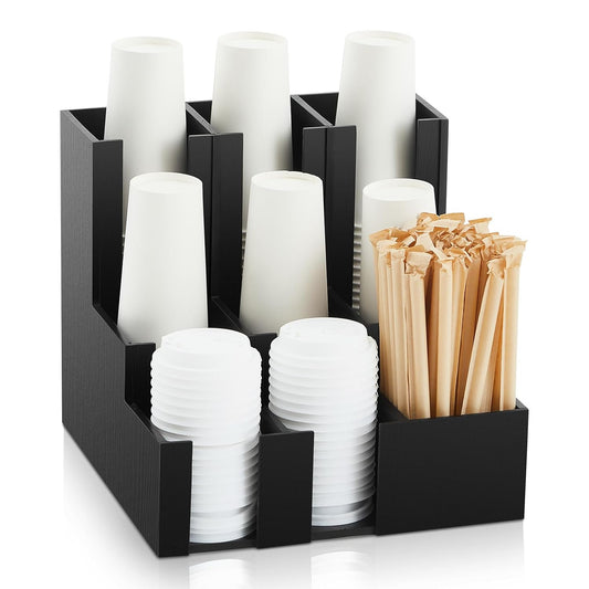 CroBlissful Wooden Vertical Coffee cup and lid dispenser, coffee condiment organizer, 9 Compartment for Disposable Paper & Plastic Cup, for cabinet Station Home Countertop Bar 13''l x 13''w x 12''h