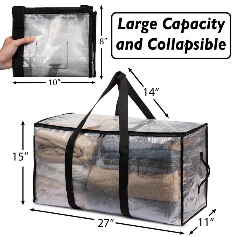 ClearSpace Heavy Duty Moving Bags or Storage Bags – Clear Storage Bins with Lids, Large Moving Boxes with Backpack Straps & Zippers – Packing Bags & Moving Supplies for College Dorm- 4 Pack