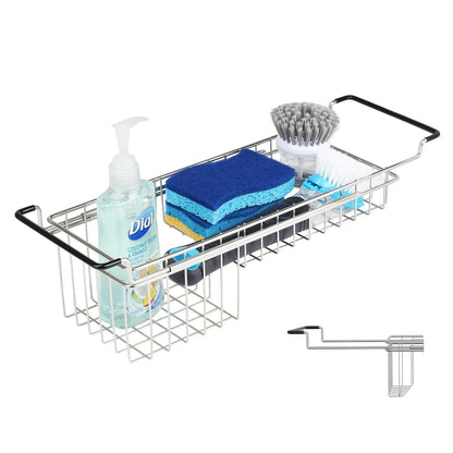 TreeLen Over The Kitchen Sink Caddy Sponge Holder Organizer Drying Rack Expandable for Sponge Brush Soap 13.8" to 20.8", Stainless Steel