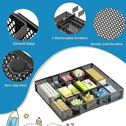 Marbrasse Expandable Desk Drawer Organizer, Mesh Drawer Organizer Tray with 10 Adjustable Compartments, Desk Organizers and Accessories, 5 Dividers Drawer for Office Supplies, Makeup & Vanity (Black)
