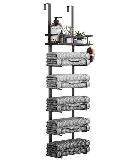 Aetyord Hanging Towel Racks for Bathroom No Drill - 6-Tier Over The Door Bath Towel Storage Organizer for Small Bathrooms - Tiered Back of Door Towel Holder Hanger for Rolled Towels RV Camper Black