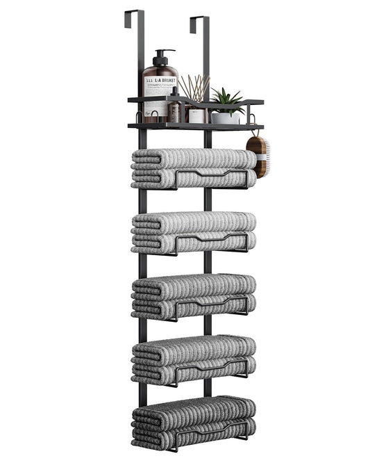 Aetyord Hanging Towel Racks for Bathroom No Drill - 6-Tier Over The Door Bath Towel Storage Organizer for Small Bathrooms - Tiered Back of Door Towel Holder Hanger for Rolled Towels RV Camper Black