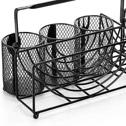 Metal Utensil Caddy with 5 Compartments, Black Mesh Silverware Caddy Organizer, Flatware Storage Holder for Napkins, Plates, Party, Camping, Picnic, Buffet, RV, BBQ, Kitchen, Countertop