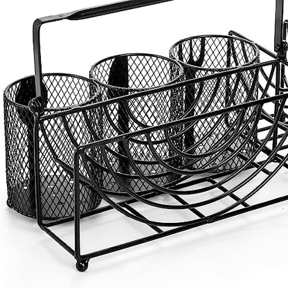 Metal Utensil Caddy with 5 Compartments, Black Mesh Silverware Caddy Organizer, Flatware Storage Holder for Napkins, Plates, Party, Camping, Picnic, Buffet, RV, BBQ, Kitchen, Countertop