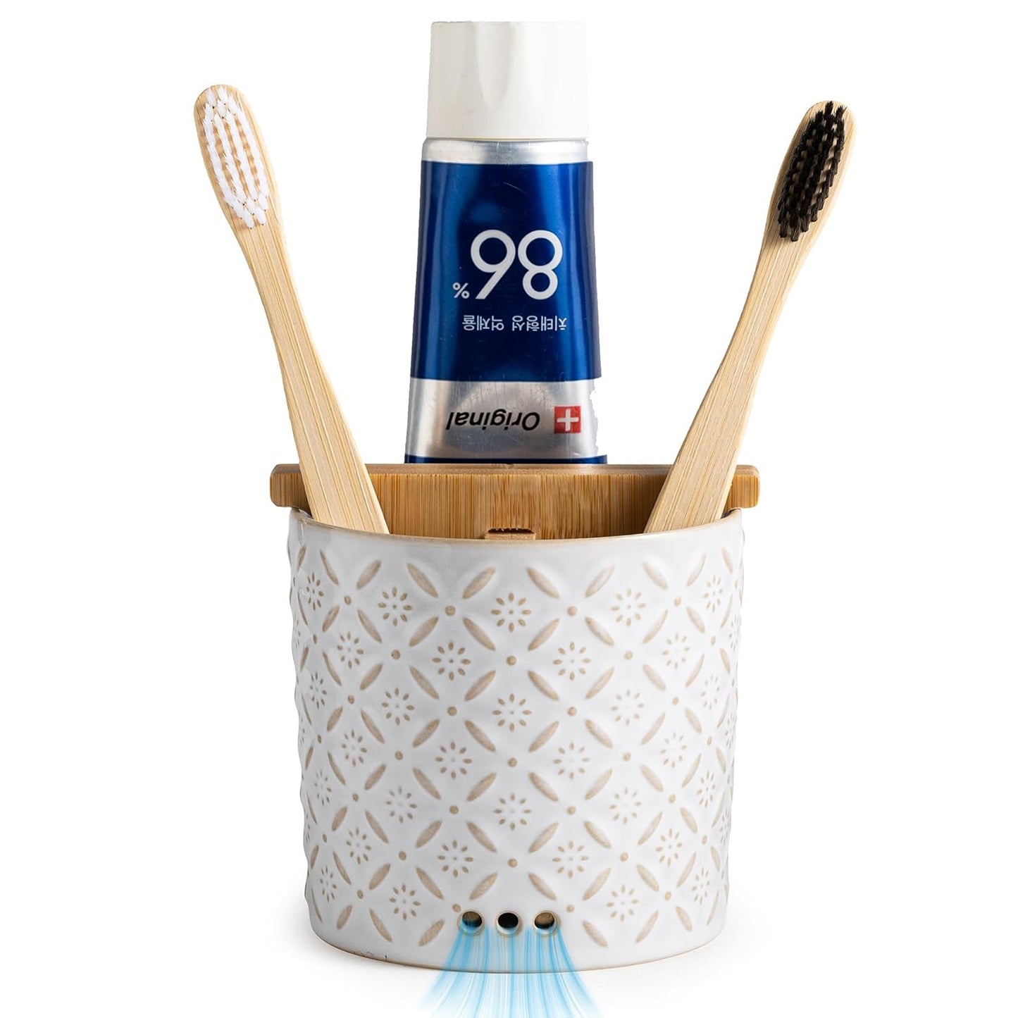 Toothbrush Holders, Ceramic Electric Toothbrush & Toothpaste Holder | Detachable 3 Slots Tooth Brush Cup with Drain Holes & Bamboo Divider, Makeup Brush Storage Holder for Bathroom, Family, Kids