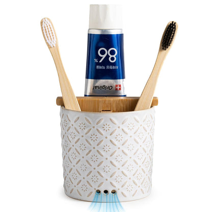 Toothbrush Holders, Ceramic Electric Toothbrush & Toothpaste Holder | Detachable 3 Slots Tooth Brush Cup with Drain Holes & Bamboo Divider, Makeup Brush Storage Holder for Bathroom, Family, Kids