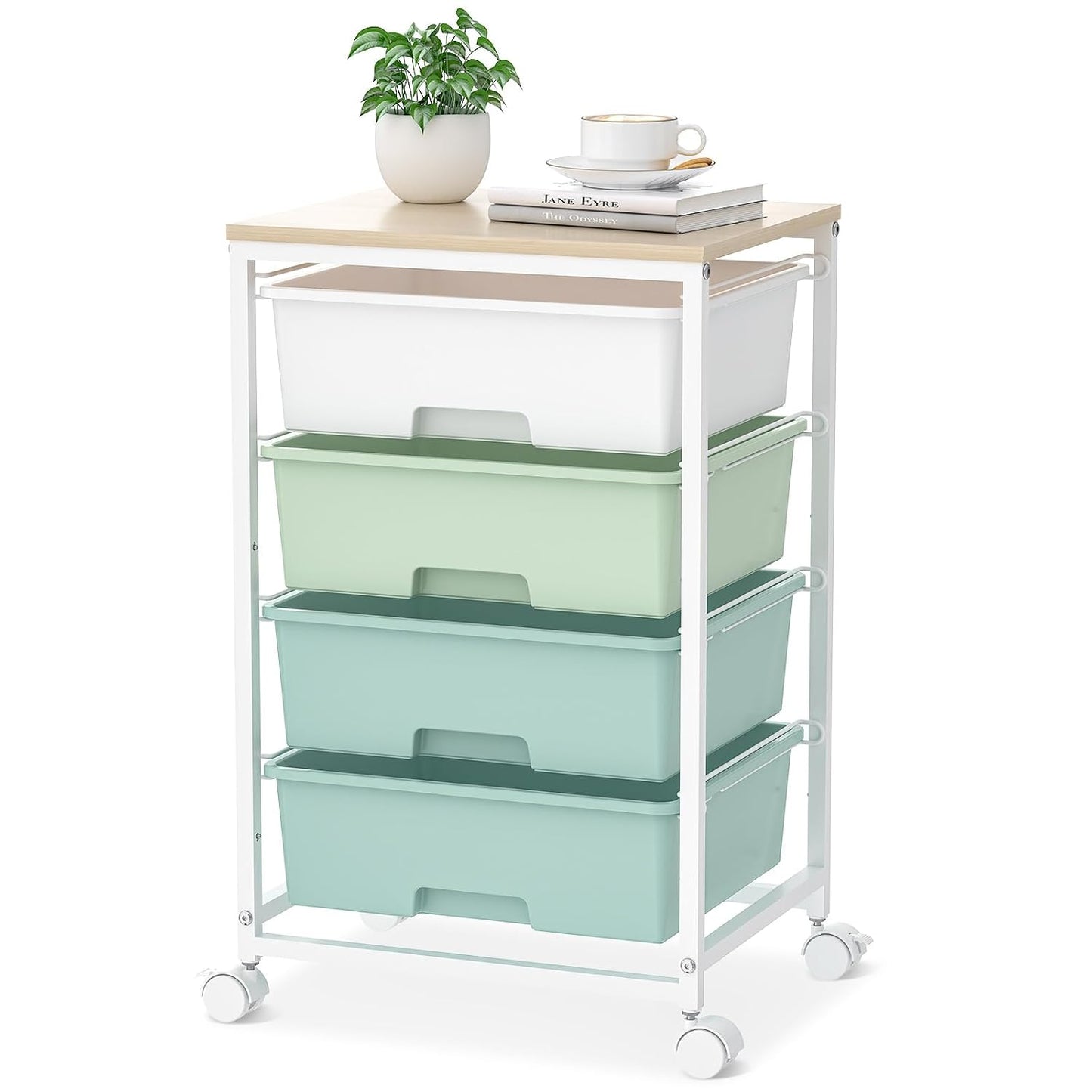 Rolling Cart with Drawers, 4-Drawer Utility Cart, Green | Rolling Storage Cart with Drawers, Storage Rolling Drawer Cart with Wooden Tabletop for Bedroom, Dorm, Classroom, Office