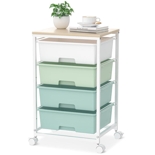 SYKIARIOL Rolling Cart with Drawers, 4-Drawer Utility Cart, Green | Rolling Storage Cart with Drawers, Storage Rolling Drawer Cart with Wooden Tabletop for Bedroom, Dorm, Classroom, Office