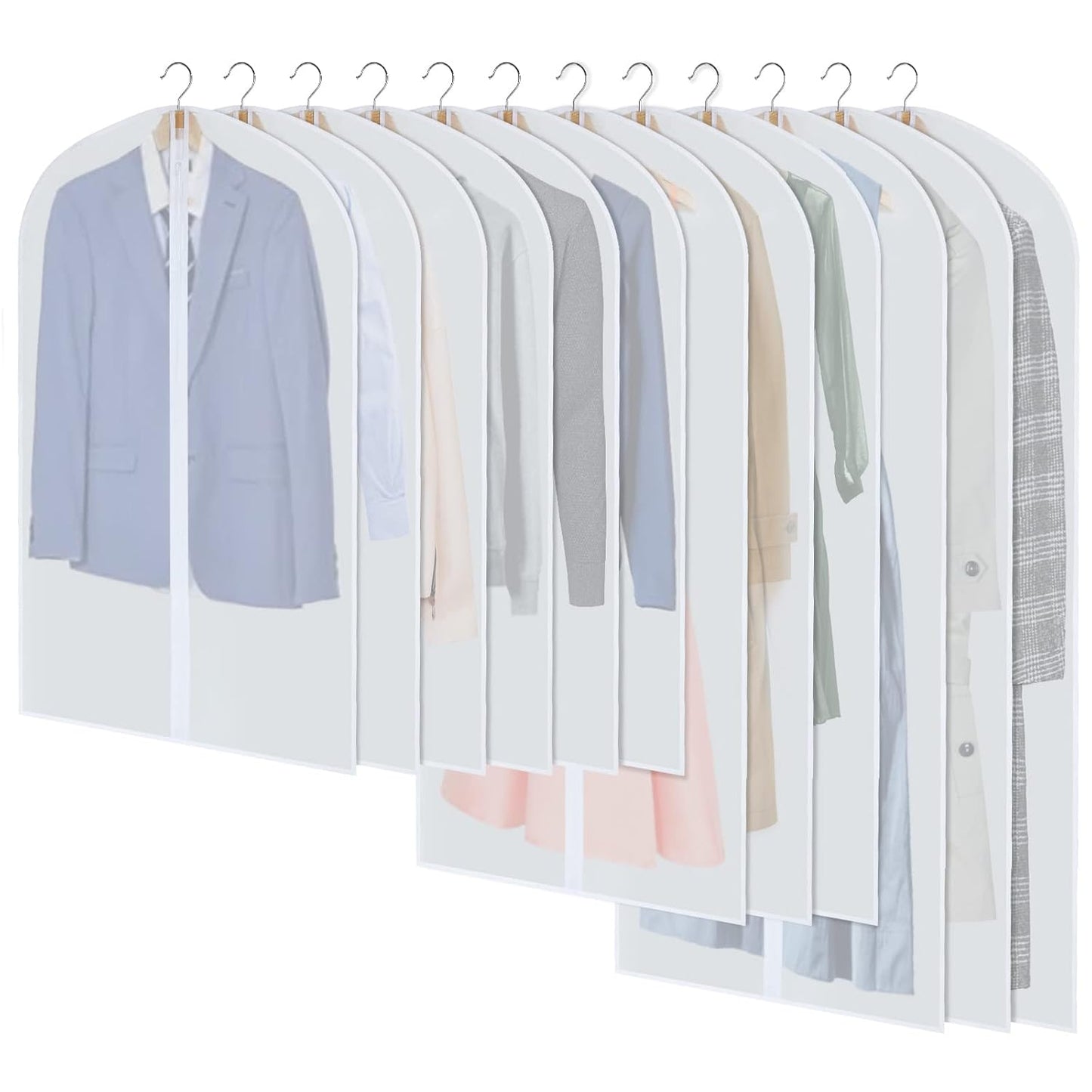 Clear Garment Bags for Hanging Clothes, Set of 12 Suit Bags Dust-Resistant Clothes Cover Bags PEVA Breathable Clothes Protectors with Full Zipper for Closet Storage, 24” x 40”/47”/55”