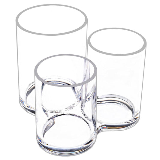 MOSIKER Hair Brush Holder, Clear Acrylic Makeup Brush Organizer, 3 Sections | Connected open-top cylinders in varied heights sort combs, mascara, eyeliner, lip pencils, pens and small remotes.