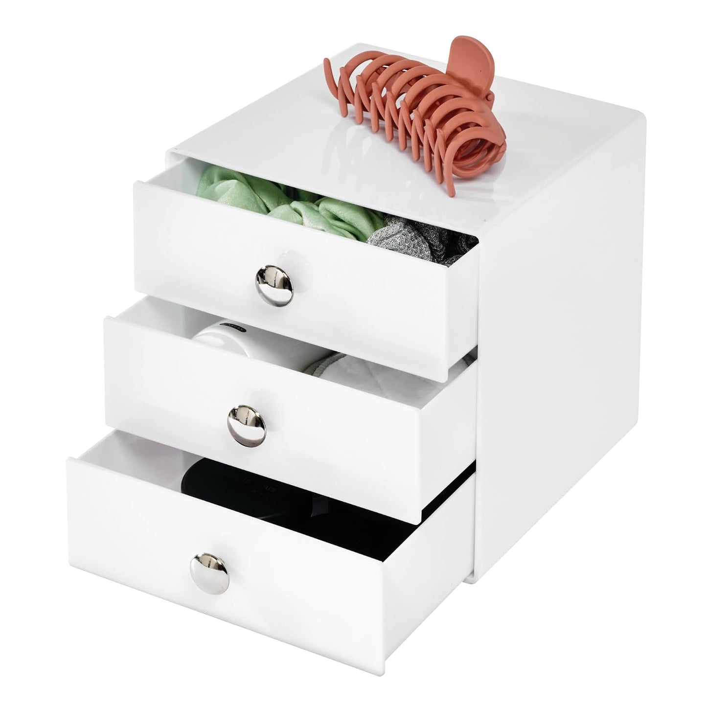 iDesign 3-Drawer Plastic Vanity Organizer, Compact Storage Organization Drawers Set for Cosmetics, Dental Supplies, Hair Care, Bathroom, Dorm, Desk, Countertop, Office, 6.5" x 6.5" x 6.5", White | Bathroom Storage, Vanity Storage