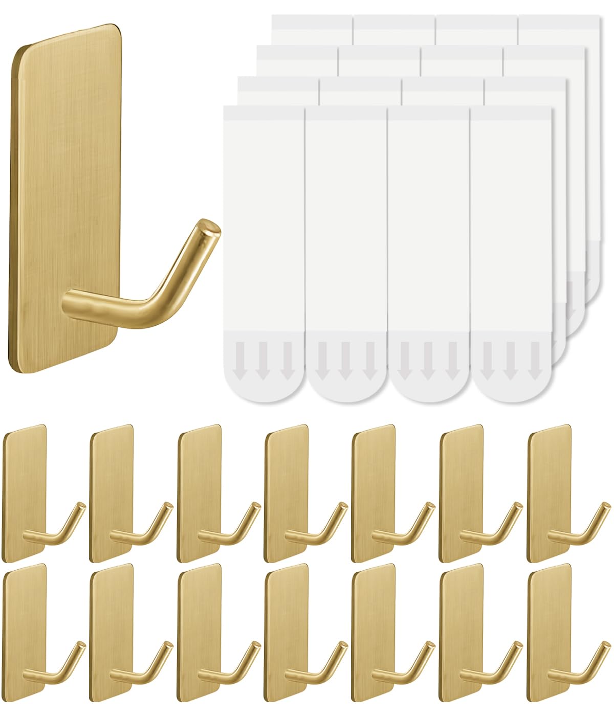 14 Pcs Towel Hooks with Removable Strips for Hanging, Adhesive Wall Hooks Heavy Duty, Outdoor No Damage, Sticky Hook for Bathrooms, Shower, Stockings, Decor, Robe, Small, Gold 304 Stainless Steel