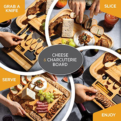 Charcuterie Boards - Large Bamboo Cheese Board & Knives, Housewarming Gift | Hidden Slide Out Drawer Holds The Cutlery Set, Deep Edge Groove Keeps Crackers, Nuts And Olives In Place, Easy To Wipe Clean