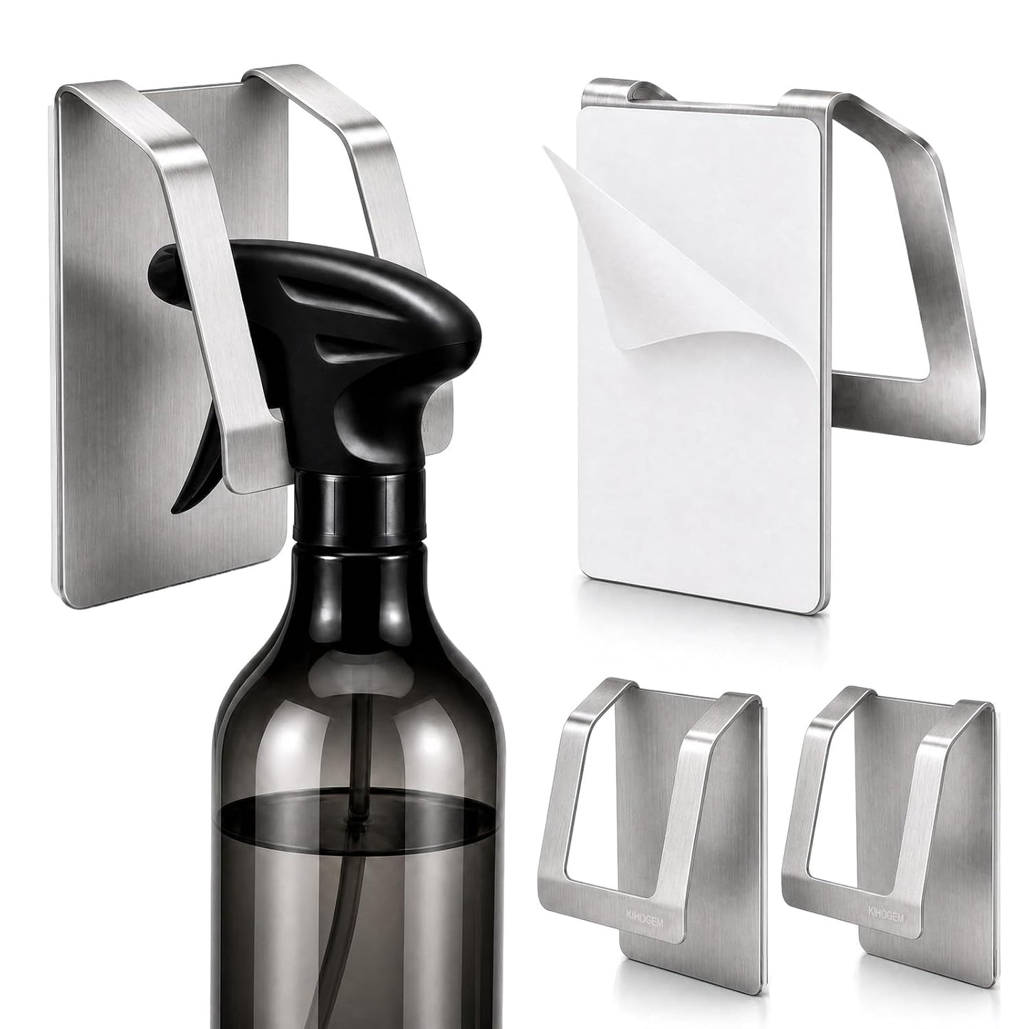 KIHOGEM Spray Bottle Hanger Adhesive 4pcs | Spray Bottle Hook Stainless Steel Spray Bottle Holder Wall Mount Non Drilling for Cabinet, Kitchen or Under Sink