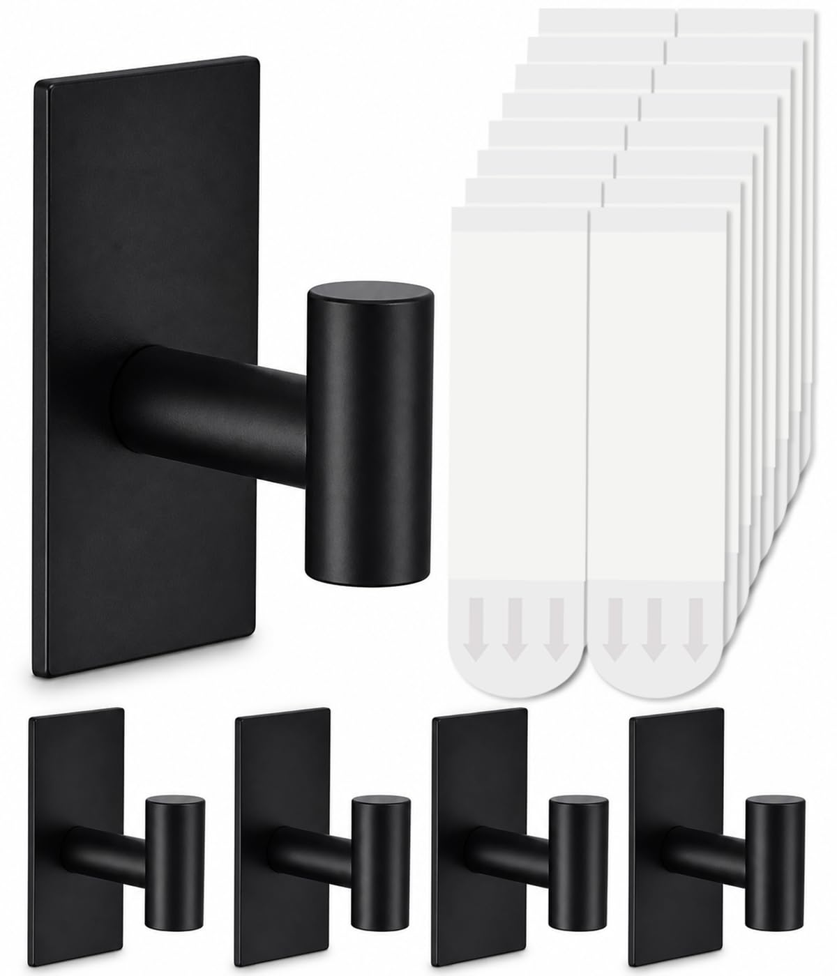 5 Pcs Towel Hooks Heavy Duty for Hanging，Adhesive Wall Hooks with Removable Strips，Sticky No Damage，Outdoor for Bathrooms，Shower，Stockings，Decor，Robe，X-Large，Black 304 Stainless Steel
