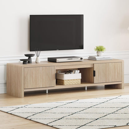 TV Stand for TVs up to 75/65/55 Inch, Wood Entertainment Center with Storage, Farmhouse Waveform Fluted-Door Television Media Console for Living Room, Bedroom (63 Inch W, Light Walnut)