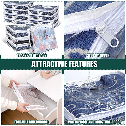 12 Pcs Clear Zippered Storage Bags Pvc Sweater Sheet Organizer Plastic Sheet Storage Sweater Bags With Zipper And Label Pocket Container For Clothes Closet Linen Pillow (14 x 12 x 3 Inch)