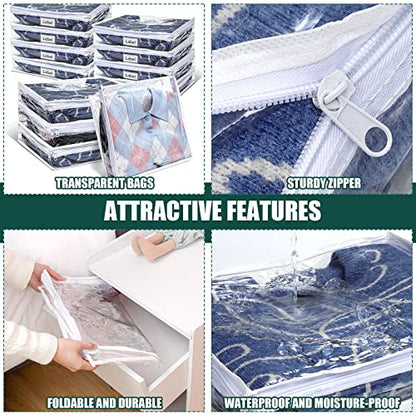 12 Pcs Clear Zippered Storage Bags Pvc Sweater Sheet Organizer Plastic Sheet Storage Sweater Bags With Zipper And Label Pocket Container For Clothes Closet Linen Pillow (14 x 12 x 3 Inch)