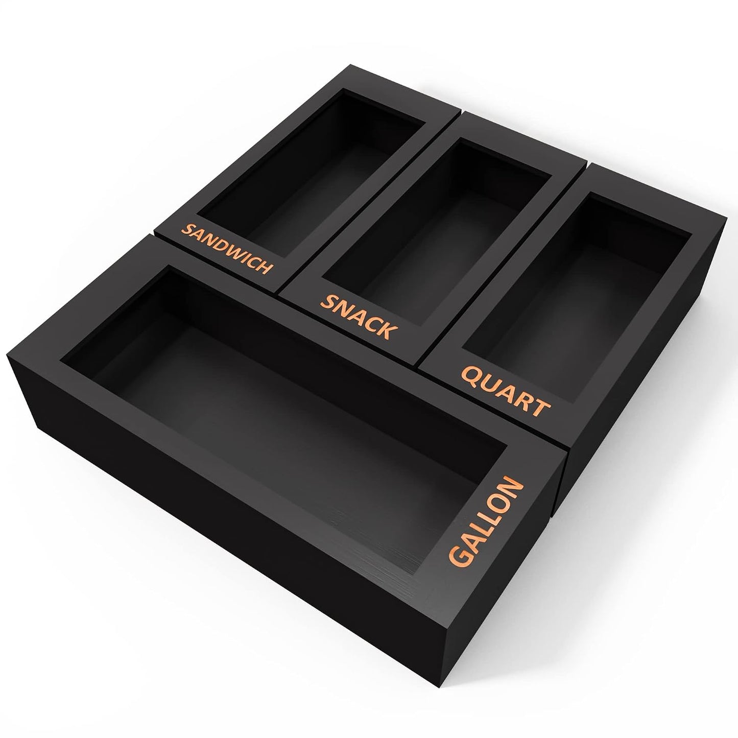 DALSHABET Bamboo Storage Bag Organizer for Kitchen Drawer, 4 Separate Food Storage Bag Organizer, 12x14 Baggie Organizer Dispenser for All Brands Gallon, Snack, Sandwich & Quart Slider Bags Black