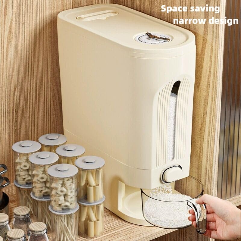 25 Lbs Rice Dispenser, Large Cereal Dry Food Storage Containers with Measuring Cup and Lid,Moisture Proof Airtight Food Dispenser Bucket for Rice,Corn,Coffee Bean,Grain,Soybean and Oatmeal,White
