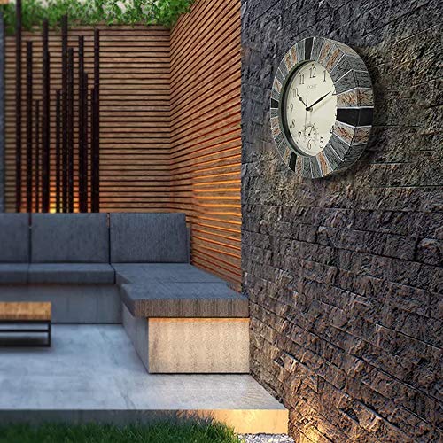 13 Inch Waterproof Indoor Outdoor Wall Clock with Thermometer, Brown | Silent non-ticking battery movement, brown easy-read dial for patio, pool, lanai, fence, porch, and garden